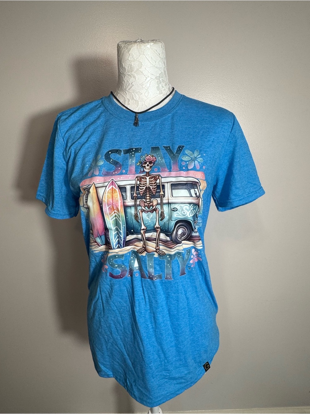 Gold Toe Blue 'Stay Salty' Graphic Tee with Surfboard Van Art